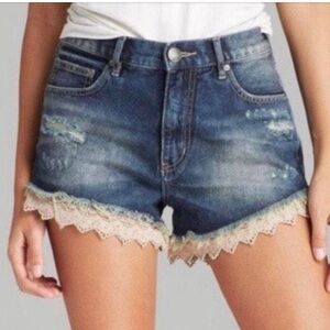 Free People Lacey Lace Denim Cutoff High Waisted Jean Shorts Blue Size 30